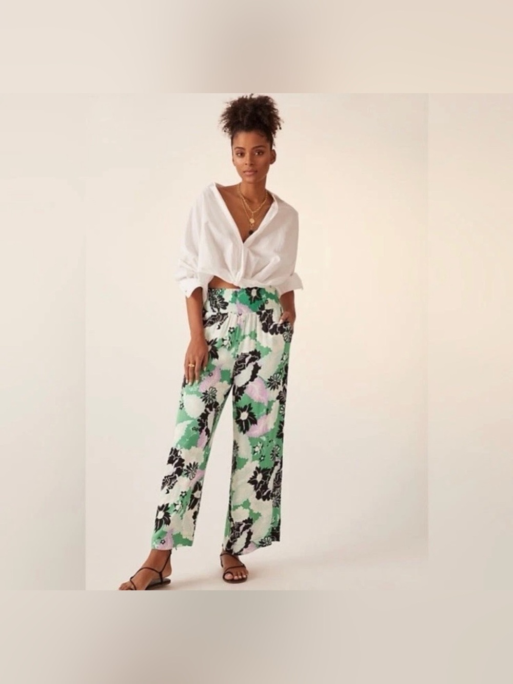 Maeve by Anthropologie The Saria Smocked Wide-Leg Pants XXS Green Floral Boho